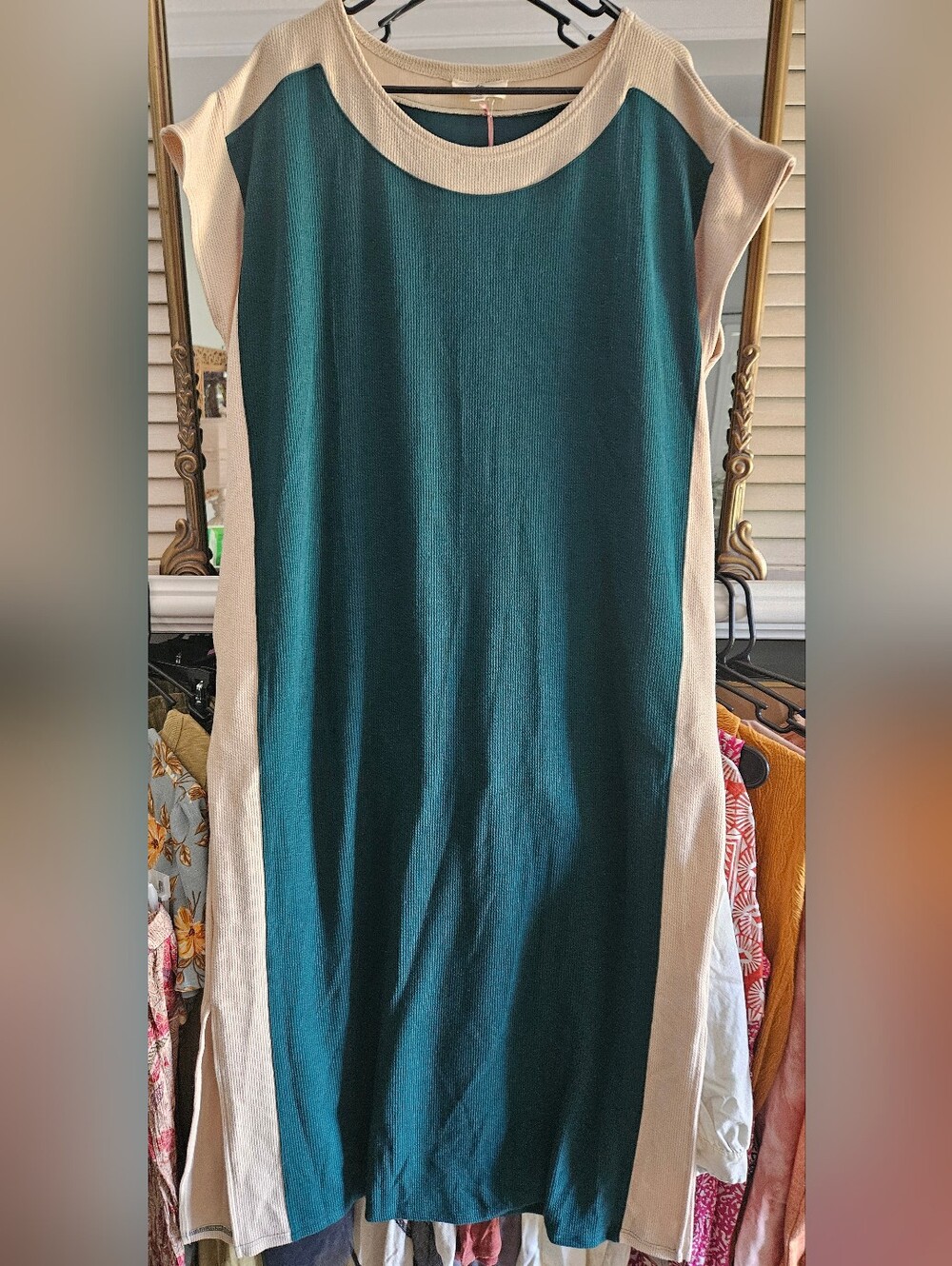 Entro Colorblock Waffle Knit Midi Dress Green Cream Size L NWT